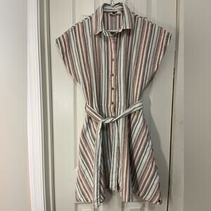 Roxy Button front Striped Cottage core Linen Blend Belted Dress size Medium